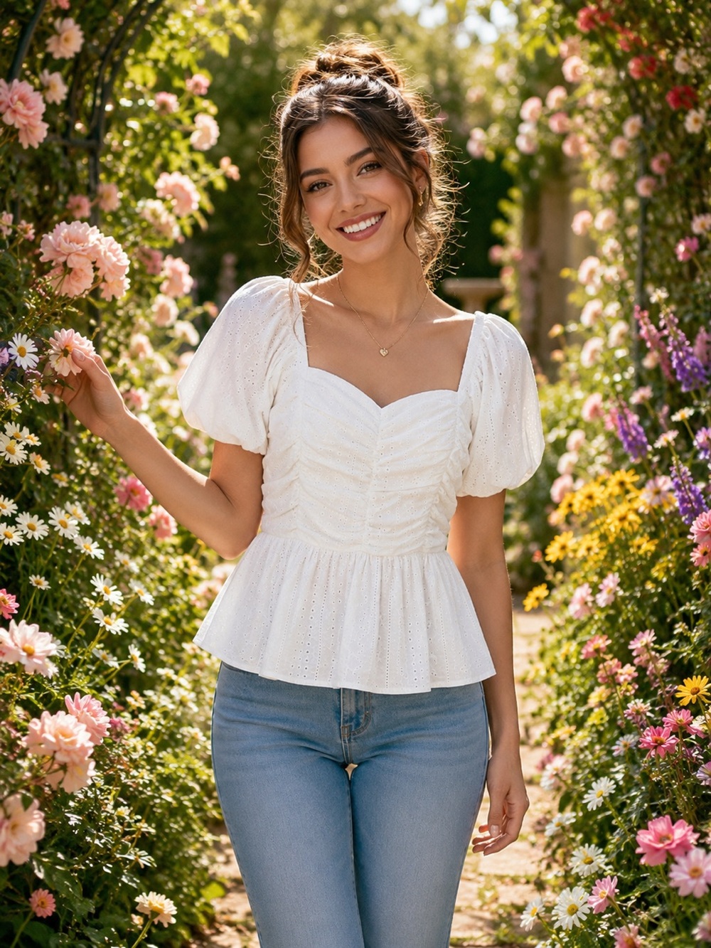 Entro White Eyelet Peplum Top with Smocked Back and Puff Sleeves